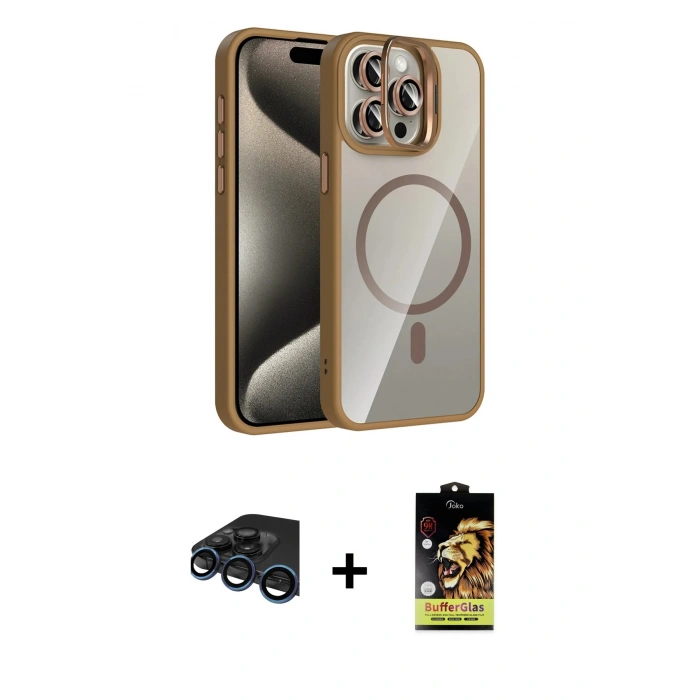MARSİLYAN™- iPhone 15 Pro Max Kılıf Yadigar Asil Koleksiyonu - Siyah Buffer Cam Ekran Koruyucu + Raze Metal Kamera Lens - LT