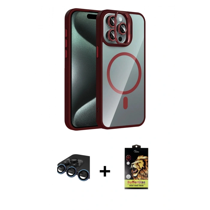 MARSİLYAN™- iPhone 15 Pro Max Kılıf Yadigar Asil Koleksiyonu - Siyah Buffer Cam Ekran Koruyucu + Raze Metal Kamera Lens - LT