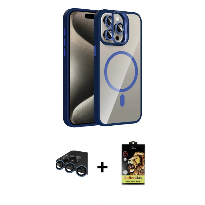 MARSİLYAN™- iPhone 15 Pro Max Kılıf Yadigar Asil Koleksiyonu - Siyah Buffer Cam Ekran Koruyucu + Raze Metal Kamera Lens - LT