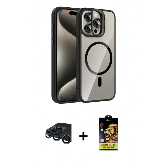 MARSİLYAN™- iPhone 15 Pro Max Kılıf Yadigar Asil Koleksiyonu - Siyah Buffer Cam Ekran Koruyucu + Raze Metal Kamera Lens - LT