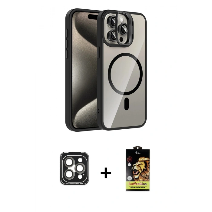 MARSİLYAN™- iPhone 15 Pro Max Kılıf Yadigar Asil Koleksiyonu - Siyah Buffer Cam Ekran Koruyucu + PVD Metal Kamera Lens - GI