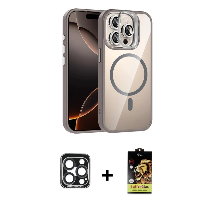 MARSİLYAN™- iPhone 15 Pro Max Kılıf Yadigar Asil Koleksiyonu - Siyah Buffer Cam Ekran Koruyucu + PVD Metal Kamera Lens - LT