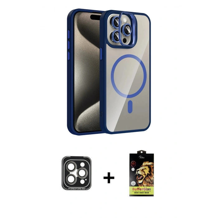 MARSİLYAN™- iPhone 15 Pro Max Kılıf Yadigar Asil Koleksiyonu - Siyah Buffer Cam Ekran Koruyucu + PVD Metal Kamera Lens - GI