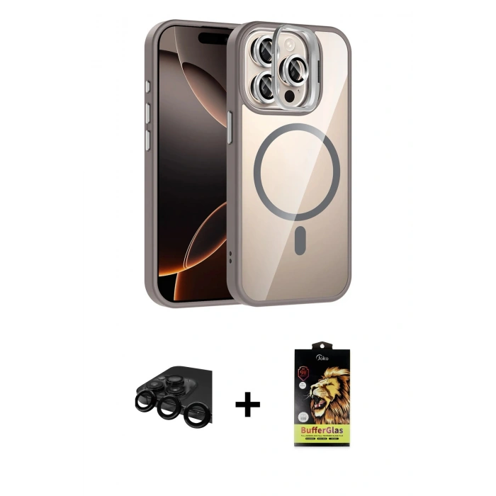 MARSİLYAN™- iPhone 15 Pro Max Kılıf Yadigar Asil Koleksiyonu - Siyah Buffer Cam Ekran Koruyucu + Raze Metal Kamera Lens - SH