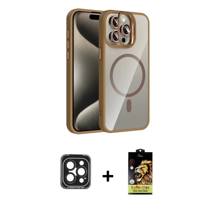 MARSİLYAN™- iPhone 15 Pro Max Kılıf Yadigar Asil Koleksiyonu - Siyah Buffer Cam Ekran Koruyucu + Siyah PVD Metal Kamera Lens