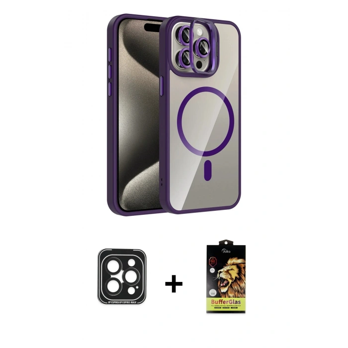 MARSİLYAN™- iPhone 15 Pro Max Kılıf Yadigar Asil Koleksiyonu - Siyah Buffer Cam Ekran Koruyucu + Siyah PVD Metal Kamera Lens
