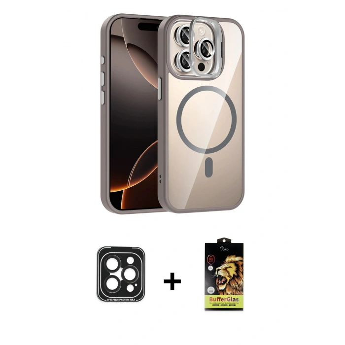 MARSİLYAN™- iPhone 15 Pro Max Kılıf Yadigar Asil Koleksiyonu - Siyah Buffer Cam Ekran Koruyucu + Siyah PVD Metal Kamera Lens