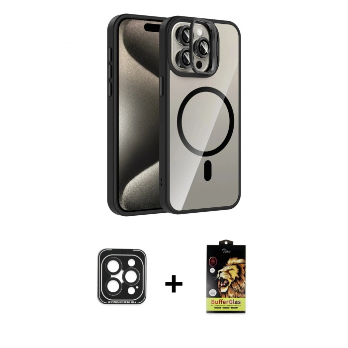 MARSİLYAN™- iPhone 15 Pro Max Kılıf Yadigar Asil Koleksiyonu - Siyah Buffer Cam Ekran Koruyucu + Siyah PVD Metal Kamera Lens