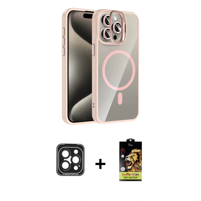 MARSİLYAN™- iPhone 15 Pro Max Kılıf Yadigar Asil Koleksiyonu - Siyah Buffer Cam Ekran Koruyucu + Siyah PVD Metal Kamera Lens