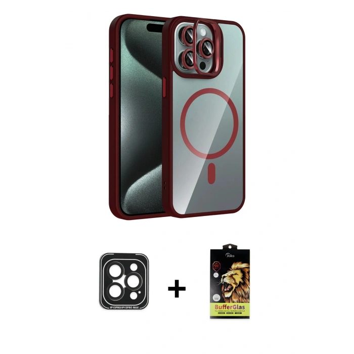 MARSİLYAN™- iPhone 15 Pro Max Kılıf Yadigar Asil Koleksiyonu - Siyah Buffer Cam Ekran Koruyucu + Siyah PVD Metal Kamera Lens