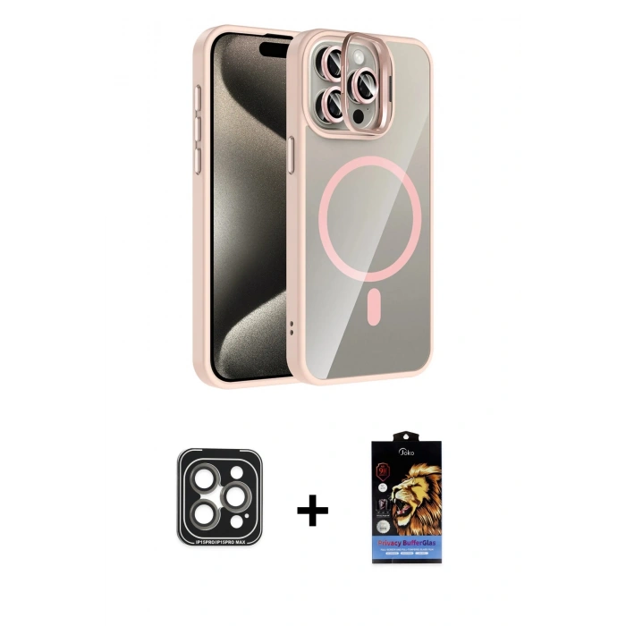 MARSİLYAN™- iPhone 15 Pro Max Kılıf Yadigar Asil Koleksiyonu - Siyah Buffer Hayalet Cam Ekran Koruyucu + PVD Metal Kamera Lens - GI