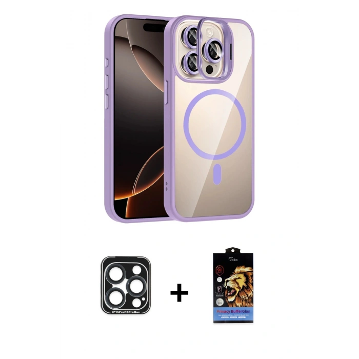 MARSİLYAN™- iPhone 15 Pro Max Kılıf Yadigar Asil Koleksiyonu - Siyah Buffer Hayalet Cam Ekran Koruyucu + PVD Metal Kamera Lens - LT