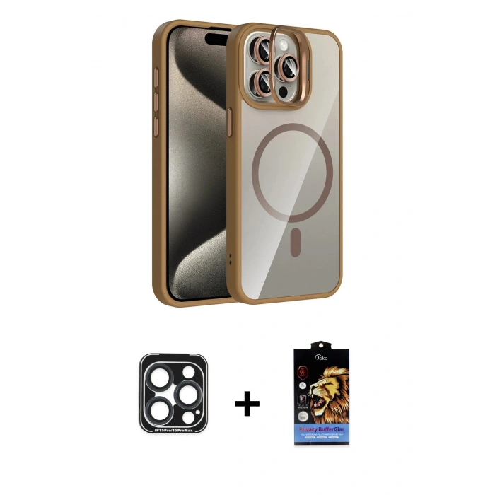 MARSİLYAN™- iPhone 15 Pro Max Kılıf Yadigar Asil Koleksiyonu - Siyah Buffer Hayalet Cam Ekran Koruyucu + PVD Metal Kamera Lens - LT