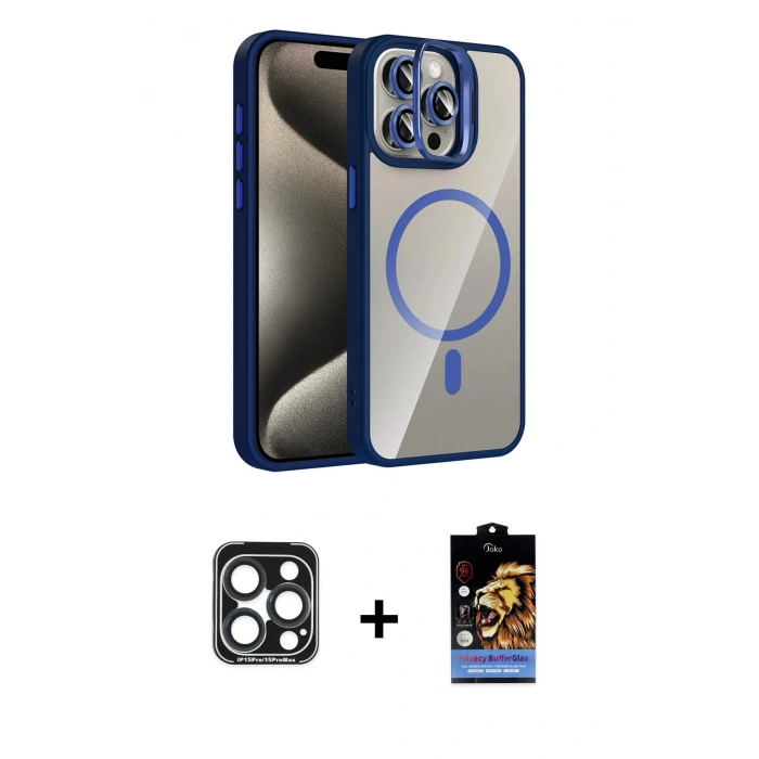 MARSİLYAN™- iPhone 15 Pro Max Kılıf Yadigar Asil Koleksiyonu - Siyah Buffer Hayalet Cam Ekran Koruyucu + PVD Metal Kamera Lens - LT