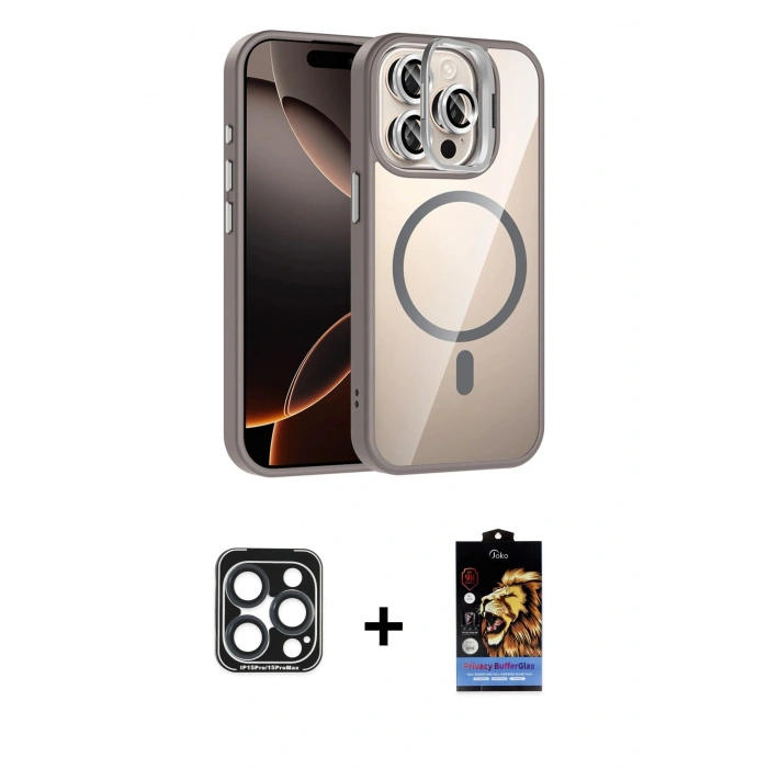 MARSİLYAN™- iPhone 15 Pro Max Kılıf Yadigar Asil Koleksiyonu - Siyah Buffer Hayalet Cam Ekran Koruyucu + PVD Metal Kamera Lens - LT