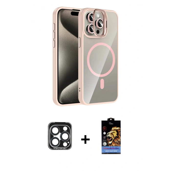 MARSİLYAN™- iPhone 15 Pro Max Kılıf Yadigar Asil Koleksiyonu - Siyah Buffer Hayalet Cam Ekran Koruyucu + PVD Metal Kamera Lens - LT