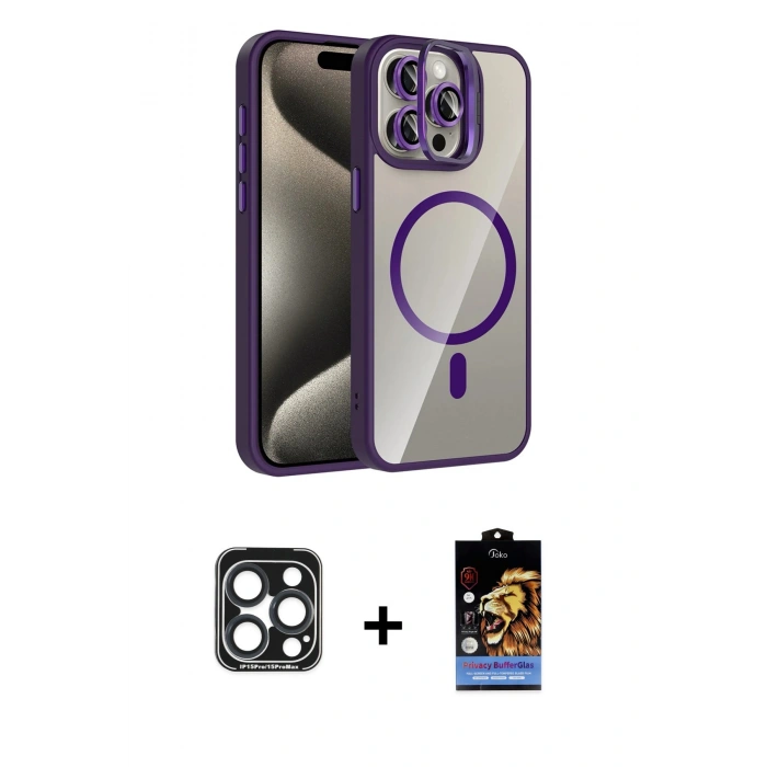 MARSİLYAN™- iPhone 15 Pro Max Kılıf Yadigar Asil Koleksiyonu - Siyah Buffer Hayalet Cam Ekran Koruyucu + PVD Metal Kamera Lens - LT