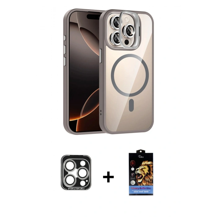 MARSİLYAN™- iPhone 15 Pro Max Kılıf Yadigar Asil Koleksiyonu - Siyah Buffer Hayalet Cam Ekran Koruyucu + PVD Metal Kamera Lens - GS