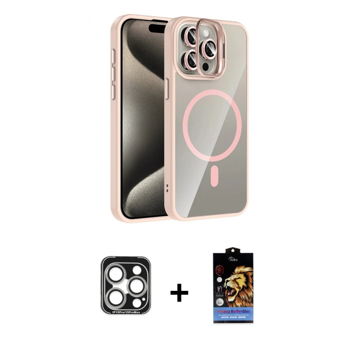MARSİLYAN™- iPhone 15 Pro Max Kılıf Yadigar Asil Koleksiyonu - Siyah Buffer Hayalet Cam Ekran Koruyucu + PVD Metal Kamera Lens - GS