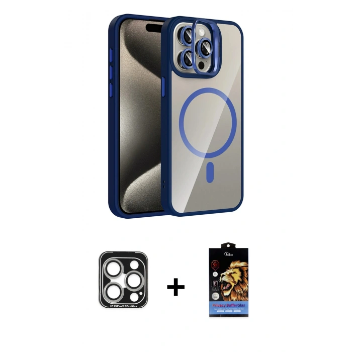MARSİLYAN™- iPhone 15 Pro Max Kılıf Yadigar Asil Koleksiyonu - Siyah Buffer Hayalet Cam Ekran Koruyucu + PVD Metal Kamera Lens - GS