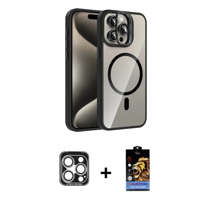 MARSİLYAN™- iPhone 15 Pro Max Kılıf Yadigar Asil Koleksiyonu - Siyah Buffer Hayalet Cam Ekran Koruyucu + PVD Metal Kamera Lens - GS