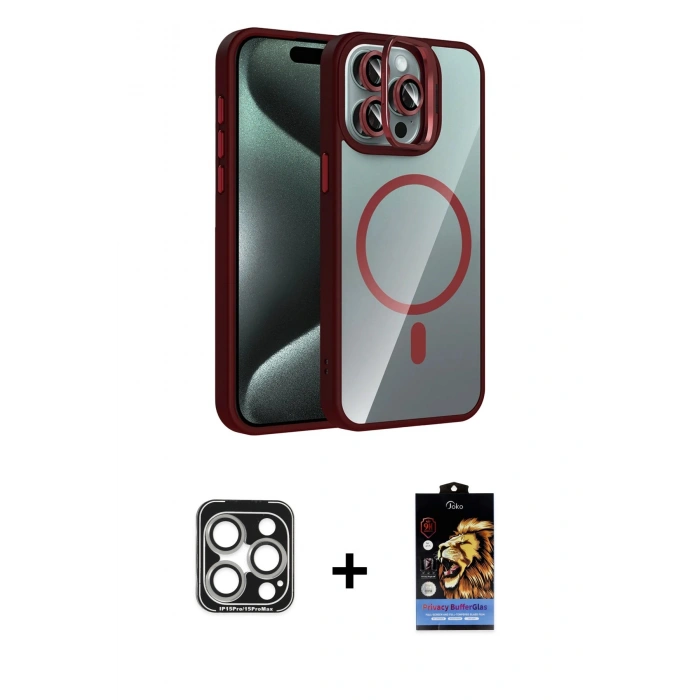 MARSİLYAN™- iPhone 15 Pro Max Kılıf Yadigar Asil Koleksiyonu - Siyah Buffer Hayalet Cam Ekran Koruyucu + PVD Metal Kamera Lens - GS