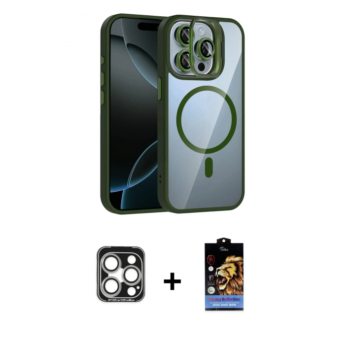 MARSİLYAN™- iPhone 15 Pro Max Kılıf Yadigar Asil Koleksiyonu - Siyah Buffer Hayalet Cam Ekran Koruyucu + PVD Metal Kamera Lens - GS