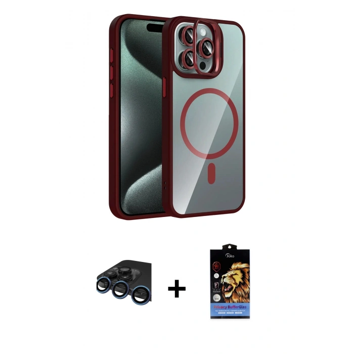 MARSİLYAN™- iPhone 15 Pro Max Kılıf Yadigar Asil Koleksiyonu - Siyah Buffer Hayalet Cam Ekran Koruyucu + Raze Metal Kamera Lens - LT