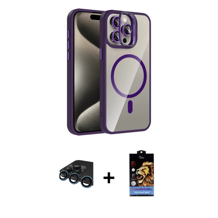 MARSİLYAN™- iPhone 15 Pro Max Kılıf Yadigar Asil Koleksiyonu - Siyah Buffer Hayalet Cam Ekran Koruyucu + Raze Metal Kamera Lens - LT