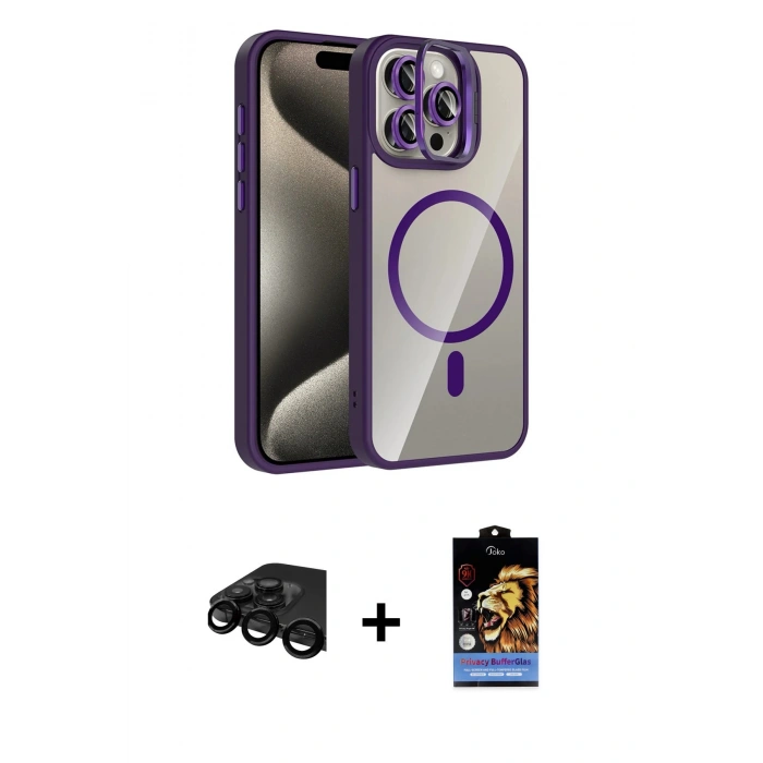 MARSİLYAN™- iPhone 15 Pro Max Kılıf Yadigar Asil Koleksiyonu - Siyah Buffer Hayalet Cam Ekran Koruyucu + Raze Metal Kamera Lens - SH