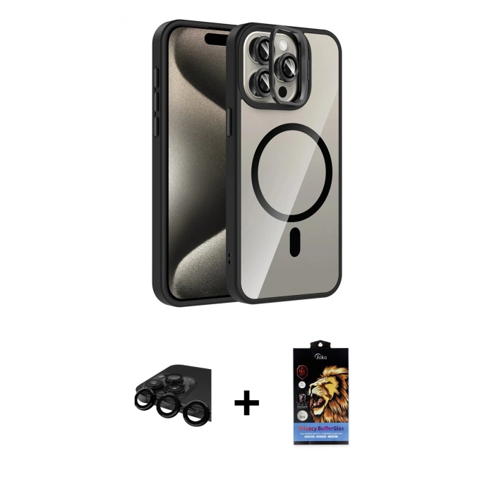 MARSİLYAN™- iPhone 15 Pro Max Kılıf Yadigar Asil Koleksiyonu - Siyah Buffer Hayalet Cam Ekran Koruyucu + Raze Metal Kamera Lens - SH