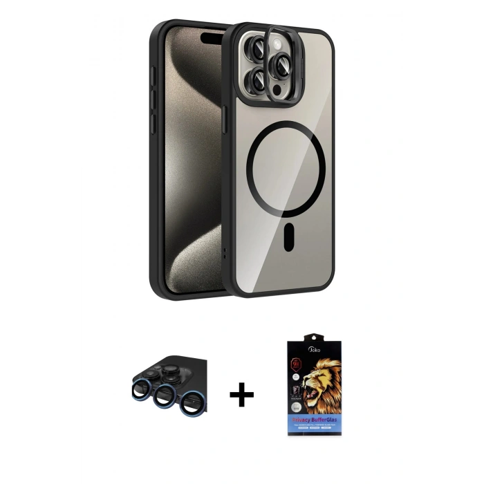 MARSİLYAN™- iPhone 15 Pro Max Kılıf Yadigar Asil Koleksiyonu - Siyah Buffer Hayalet Cam Ekran Koruyucu + Raze Metal Kamera Lens - LT
