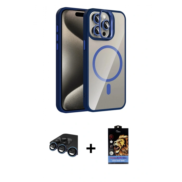 MARSİLYAN™- iPhone 15 Pro Max Kılıf Yadigar Asil Koleksiyonu - Siyah Buffer Hayalet Cam Ekran Koruyucu + Raze Metal Kamera Lens - LT