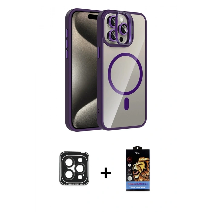 MARSİLYAN™- iPhone 15 Pro Max Kılıf Yadigar Asil Koleksiyonu - Siyah Buffer Hayalet Cam Ekran Koruyucu + PVD Metal Kamera Lens - SH