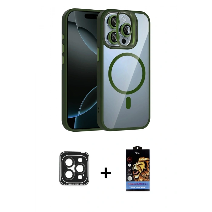 MARSİLYAN™- iPhone 15 Pro Max Kılıf Yadigar Asil Koleksiyonu - Siyah Buffer Hayalet Cam Ekran Koruyucu + PVD Metal Kamera Lens - SH
