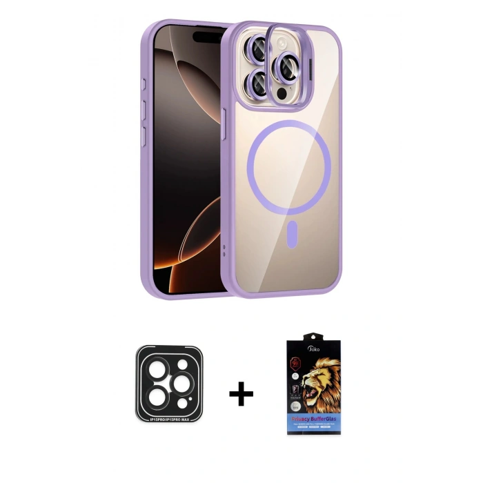 MARSİLYAN™- iPhone 15 Pro Max Kılıf Yadigar Asil Koleksiyonu - Siyah Buffer Hayalet Cam Ekran Koruyucu + PVD Metal Kamera Lens - SH