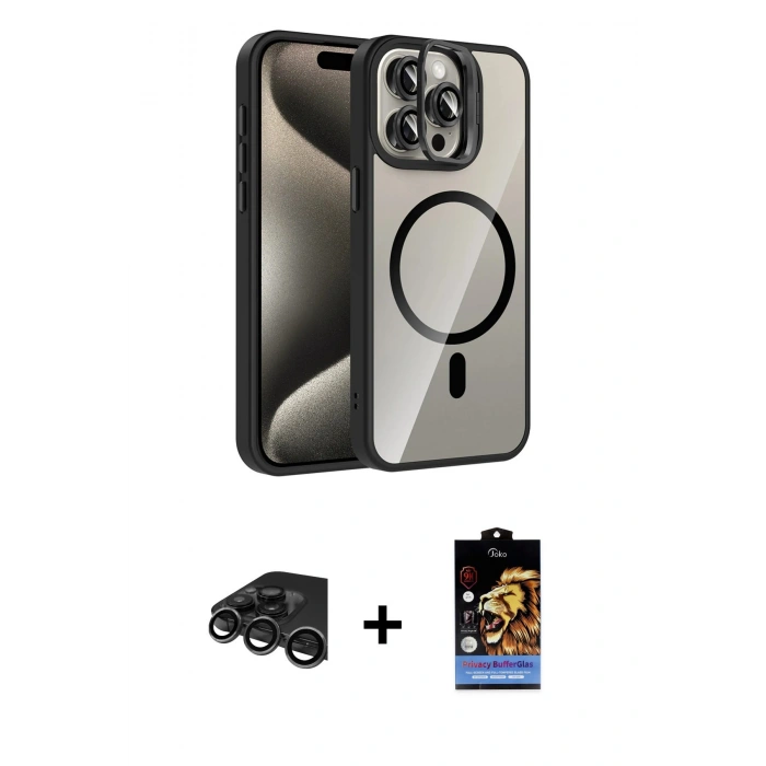 MARSİLYAN™- iPhone 15 Pro Max Kılıf Yadigar Asil Koleksiyonu - Siyah Buffer Hayalet Cam Ekran Koruyucu + Raze Metal Kamera Lens - TMGI