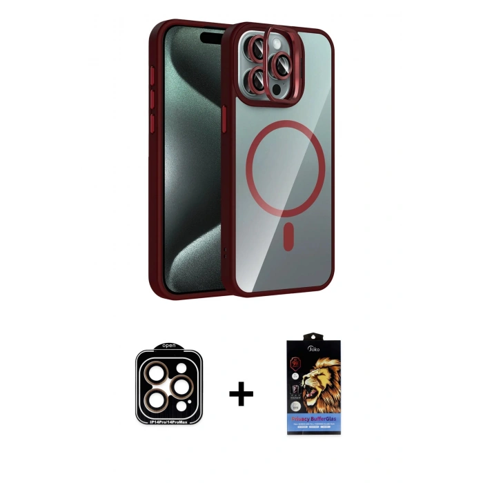 MARSİLYAN™- iPhone 15 Pro Max Kılıf Yadigar Asil Koleksiyonu - Siyah Buffer Hayalet Cam Ekran Koruyucu + Turuncu PVD Metal Kamera Lens