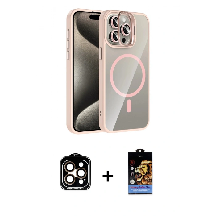 MARSİLYAN™- iPhone 15 Pro Max Kılıf Yadigar Asil Koleksiyonu - Siyah Buffer Hayalet Cam Ekran Koruyucu + Turuncu PVD Metal Kamera Lens