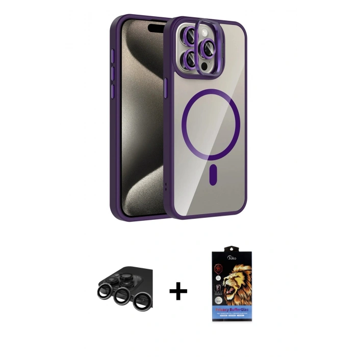 MARSİLYAN™- iPhone 15 Pro Max Kılıf Yadigar Asil Koleksiyonu - Siyah Buffer Hayalet Cam Ekran Koruyucu + Raze Metal Kamera Lens - TMGI