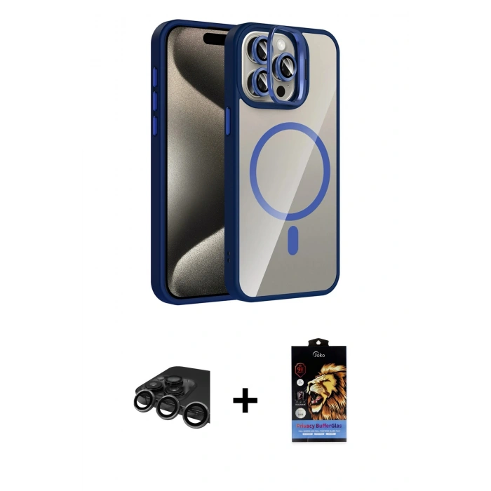 MARSİLYAN™- iPhone 15 Pro Max Kılıf Yadigar Asil Koleksiyonu - Siyah Buffer Hayalet Cam Ekran Koruyucu + Raze Metal Kamera Lens - TMGI