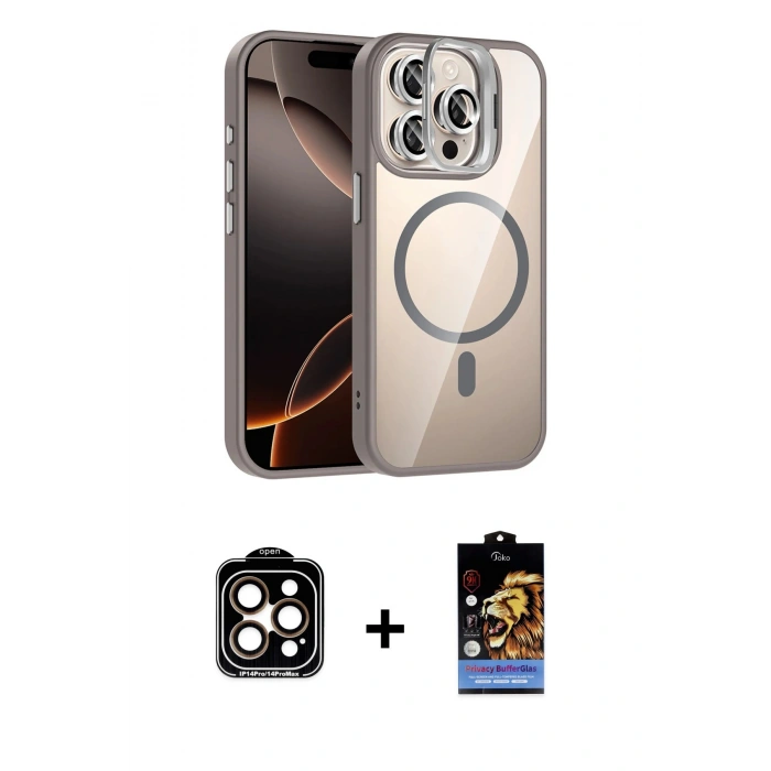 MARSİLYAN™- iPhone 15 Pro Max Kılıf Yadigar Asil Koleksiyonu - Siyah Buffer Hayalet Cam Ekran Koruyucu + Turuncu PVD Metal Kamera Lens