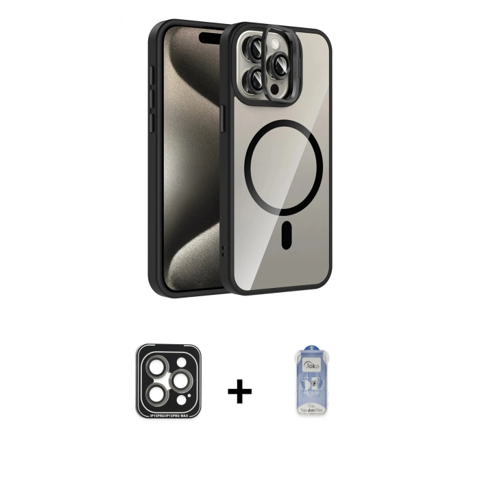 MARSİLYAN™- iPhone 15 Pro Max Kılıf Yadigar Asil Koleksiyonu - Siyah Joko Magic 5D Cam + PVD Metal Kamera Lens - GI