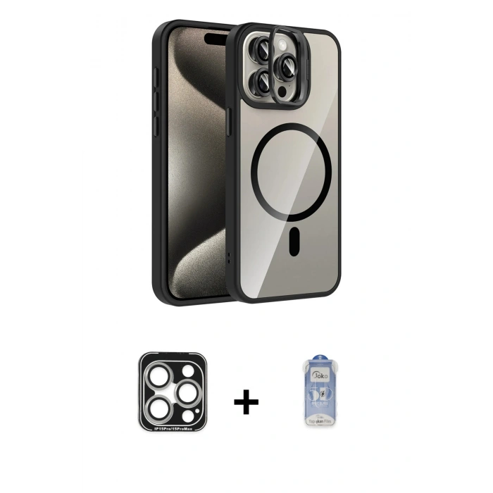 MARSİLYAN™- iPhone 15 Pro Max Kılıf Yadigar Asil Koleksiyonu - Siyah Joko Magic 5D Cam + PVD Metal Kamera Lens - GS