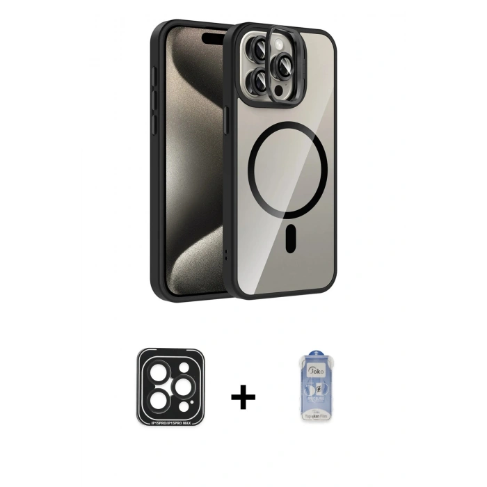 MARSİLYAN™- iPhone 15 Pro Max Kılıf Yadigar Asil Koleksiyonu - Siyah Joko Magic 5D Cam + PVD Metal Kamera Lens - SH