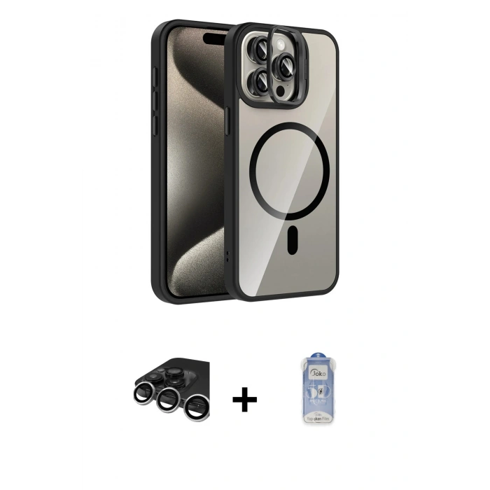 MARSİLYAN™- iPhone 15 Pro Max Kılıf Yadigar Asil Koleksiyonu - Siyah Joko Magic 5D Cam + Raze Metal Kamera Lens - GS