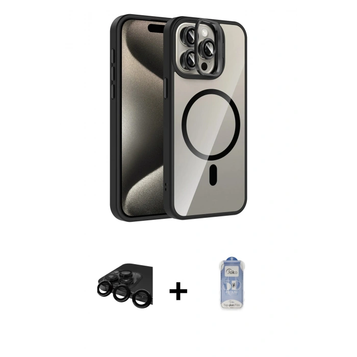 MARSİLYAN™- iPhone 15 Pro Max Kılıf Yadigar Asil Koleksiyonu - Siyah Joko Magic 5D Cam + Raze Metal Kamera Lens - SH