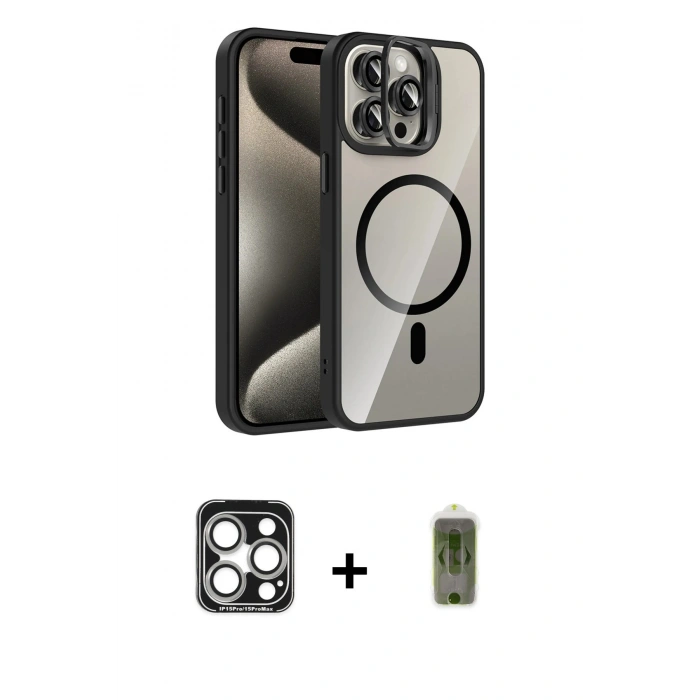 MARSİLYAN™- iPhone 15 Pro Max Kılıf Yadigar Asil Koleksiyonu - Siyah Joko Magic 5D Hayalet Cam + PVD Metal Kamera Lens - GS