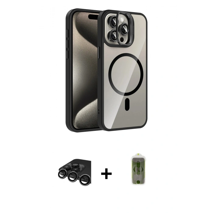 MARSİLYAN™- iPhone 15 Pro Max Kılıf Yadigar Asil Koleksiyonu - Siyah Joko Magic 5D Hayalet Cam + Raze Metal Kamera Lens - TMGI