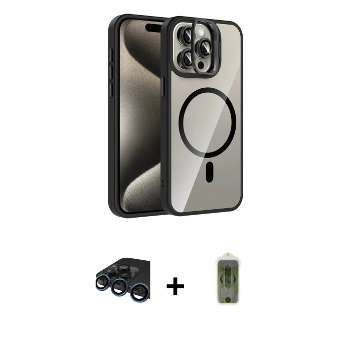 MARSİLYAN™- iPhone 15 Pro Max Kılıf Yadigar Asil Koleksiyonu - Siyah Joko Magic 5D Hayalet Cam + Raze Metal Kamera Lens - LT